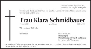 Traueranzeige von Klara Schmidbauer von Pegnitz-Zeitung